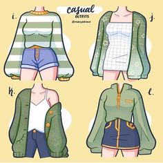 three different types of clothes with the words casual outfits written below them and an image of a woman in shorts