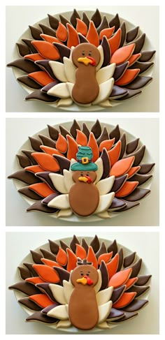 three pictures of turkeys with hats on their heads and one has a cake in the shape of a turkey