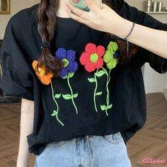 Qteee - Premium 3D Blossom Embroidered Relaxed-Fit T-Shirt Black Floral Embroidery Crew Neck T-shirt, Trendy Black Tops With Floral Embroidery, Black Floral Embroidered T-shirt For Summer, Multicolor Cotton Tops With Embroidered Graphics, Casual Multicolor Floral Embroidery T-shirt, Casual Multicolor T-shirt With Floral Embroidery, Embroidered Black T-shirt For Spring, Black Embroidered T-shirt For Spring, Floral Embroidered Crew Neck Graphic Tee