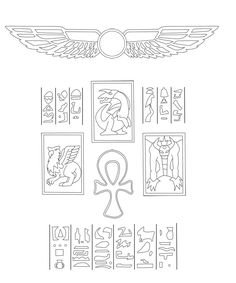 an egyptian symbol with two winged symbols above it and the other symbols below that appear to be in different languages