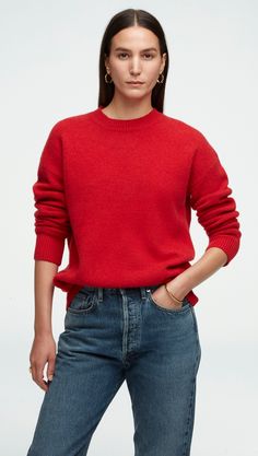 Steep yourself in everyday comfort with our Oversized Sweater. Using the softest traceable wool cashmere yarn and a relaxed fit, our crewneck cut is wearable from office to living room and back again. Additional touches include elongated rib cuffs, subtle pointelle patterning, and fashioning marks. Oversized Crochet Sweater, Oversized Red Sweater, Cashmere Sweater Women, Yarn Thread, Cashmere Yarn, Boyfriend Style, Cozy Chic, Double Breasted Blazer, Unique Dresses