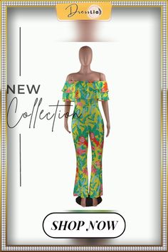 Sexy Off Shoulder Ruffles Floral Printed Wide-legs Jumpsuit Green Floral Print Jumpsuits And Rompers For Party, Fitted Green Jumpsuits And Rompers With Ruffles, Green Fitted Jumpsuit With Ruffles, Stretch Ruffled Jumpsuits And Rompers For Summer, Summer Multicolor Jumpsuits And Rompers With Ruffles, Summer Multicolor Jumpsuit With Ruffles, Multicolor Summer Jumpsuit With Ruffles, Spring Stretch Jumpsuits And Rompers With Ruffles, Spring Jumpsuits And Rompers With Stretch And Ruffles