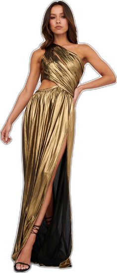 Fortuna One Shoulder Split Maxi Dress Black/Gold by Selfie Leslie Gold Color Dresses, Maxi Dress Black, Split Maxi Dress, Gold Fabric, Black Maxi Dress, Western Wear, Formal Event, Dress Black, High Low Dress