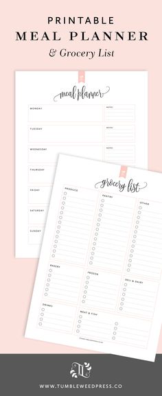 the printable meal planner and grocery list is shown on top of a pink background