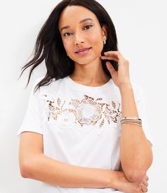 Floral Lace Yoke Tee Spring T-shirt With Lace Trim And Crew Neck, Spring Crew Neck T-shirt With Lace Top, Spring Lace Trim Crew Neck Top, Casual T-shirt With Lace Trim For Spring, Casual Scalloped Lace Tops, White Crew Neck T-shirt With Lace Trim, Casual Tops With Lace Sleeves And Crew Neck, Feminine Spring Top With Cutwork Hem, Feminine Spring Tops With Cutwork Hem