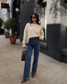 Spring style done right. Here, our 100% Organic Cotton Boyfriend Crew makes an entrance with a slight tuck, denim, and the perfect accessories. We love its oversized, cropped silhouette and ribbed detail on the cuffs and hem. Plus it's made from 100% organic cotton for a soft, slouchy vibe. Always fairly priced at $49.90. Women Plus Cotton Sweaters, Casual Cotton Sweater, Casual Winter Pants, Styling Crew Neck Sweater, Business Casual Sweatshirt, Seattle Fashion Fall, Tucking Sweater, Button Down With Sweater, Smart Casual Ootd