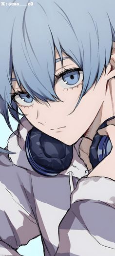 an anime character with blue hair talking on a cell phone and looking at the camera