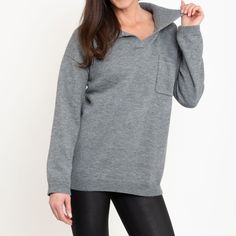 Featuring a relaxed fit, goes-with-anything gray color, and casual collared neck with front pocket, the Hudson Collared Sweater is perfect for every day wear with your favorite pair of jeans or leggings! Relaxed Fit V-neck Sweater With Pockets, Gray V-neck Outerwear With Pockets, Gray Fall Sweater With Pockets, Oversized V-neck Polo Sweater Casual, Casual Fall Sweater With Johnny Collar, Gray Tops With Pockets For Fall, Gray Long Sleeve Sweater With Pockets, Oversized Casual Polo Sweater For Work, Casual Oversized Polo Sweater For Work