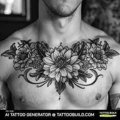 a man with tattoos on his chest is looking at the camera and has flowers all over his chest