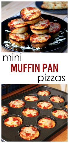 there are mini pizzas in the muffin pan and on the table next to it