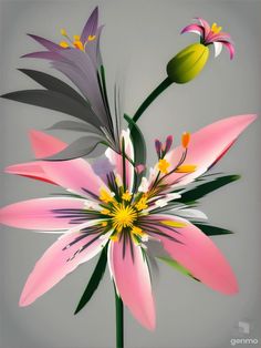 a pink flower with green leaves and yellow stamens on a gray background is featured in this image