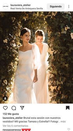 two women in white dresses are walking together