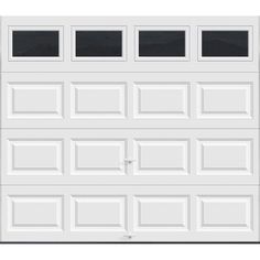 a white garage door with no windows on the front and side doors in two different colors