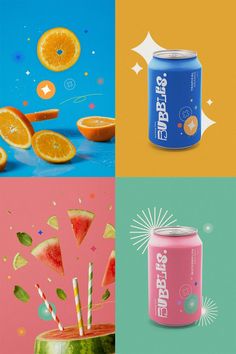 four different images with oranges, watermelon and strawberries on them in various colors