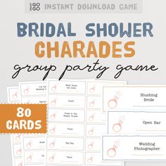 the bridal shower charadess group party game is shown in orange and blue