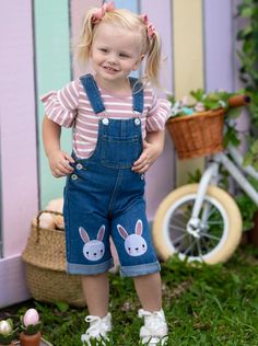 Some-bunny is ready to have a hopping good time this Spring in this pre-styled striped top and overall capris set. The adjustable straps and side buttons make getting dressed for her next Easter adventure a breeze. Pair with her favorite hairbows and sneakers watch her have carefree fun! Shop Mia Belle Girls now. Playful Cotton Jeans For Spring, Playful Spring Cotton Jeans, Cute Spring Denim Jeans, Spring Playtime Denim Blue Jeans, Playful Blue Jeans For Spring, Casual Summer Jeans For Playtime, Spring Playtime Blue Jeans, Trendy Easter, Easter Outfit For Girls