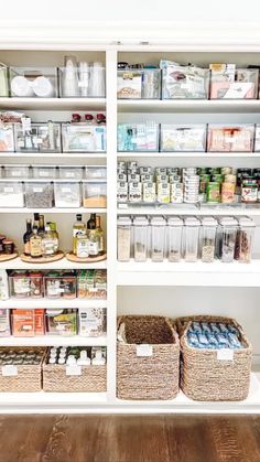 an organized pantry with baskets and food items