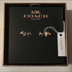 Coach Carriage Gold Earrings Nwt Coach Yellow Gold Jewelry For Formal Events, Elegant Coach Jewelry For Anniversary, Elegant Coach Yellow Gold Jewelry, Elegant Coach Jewelry In Yellow Gold, Coach Earrings, Coach Jewelry, Double Earrings, Rose Gold Earrings Studs, Gold Horse