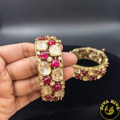 Nikhaar Uncut Kundan And  Moissanite Bangle - Bangle -Bangle Jeweled Kundan Bangle In Fusion Style, Jeweled Kundan Fusion Bangle, Fusion Style Jeweled Kundan Bangle, Elegant Jeweled Bracelets For Diwali, Festive Fusion Style Jeweled Bangle, Festive Fusion Jeweled Bangle, Festive Kundan Fusion Bangle, Red Hand Set Bangle For Party, Elegant Festive Bangle With Stone Work