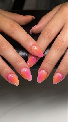 Visit for - aura nails Take My Picture Nails, Short Almond Nails Aura, Short Summer Nails Almond, Nails Acrylic Aura, Simple Nail Inspo Trendy Short Almond, Short Almond Summer Nail Ideas, Short Almond Aura Nails, Aura Nails Multicolor, Aura Nails Pink And Orange