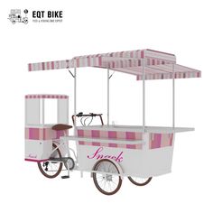 an ice cream cart with pink and white stripes