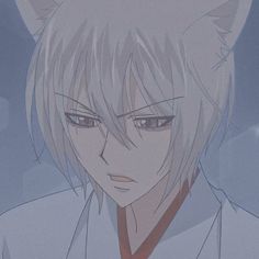 an anime character with white hair and cat ears on his head looking at the camera