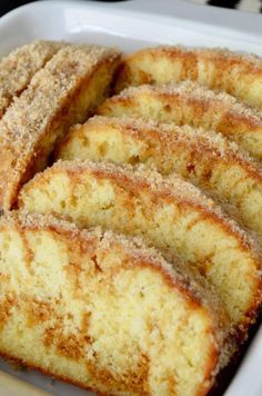 cinnamon donut bread in a white baking dish