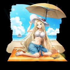 a woman sitting on the beach under an umbrella