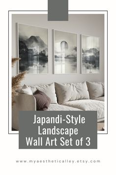 This set of three Japandi wall art prints, rendered in moonbeam gray, portrays a tranquil lake, a traditional Japanese village, and misty mountains. Inspired by Japandi minimalism, these printable artworks combine clean lines with natural beauty to enhance your decor.