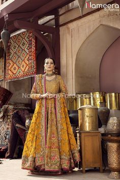 Buy Bridal Frock in Pishwas Design with Sharara a classic Bridal wear beautifully adorned with zardozi, silk thread work, gota, zari, intricate embroidery Pishwas Pakistani, Bridal Pishwas, Bridal Frock, Mayon Dresses, Bridal Sharara, Walima Dress, Mehndi Dress, Indian Outfits Lehenga, Asian Bridal Dresses