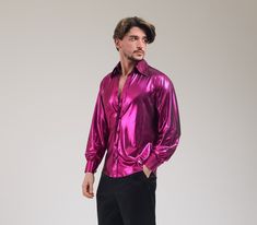 Metallic fuchsia, gold, blue, silver shirts with wide collars reflecting the fashion of the 1970s are unique for couples who want to match. Indispensable for stage, show, performance, festivals, birthday, studio 54 parties and many parties. Please visit our store for metallic jumpsuits, two-piece sets and one-piece clothes for couples who want to match. Model body measurements Height: 1.73cm/5'8 Size: M/38 Bust: 88cm/34,6" Waist: 66m/26" Hip: 97cm/38" Size of the product on the mannequin: M-38-8 Fitted Long Sleeve Festive Shirt, Fitted Long Sleeve Shirt For Festive Season, Disco Style Fitted Shirt For Party Season, Fitted Disco Shirt For Party Season, Fitted Disco Style Party Shirt, Fitted Disco Party Shirt, Fitted Disco Shirt For Party, Metallic Long Sleeve Disco Top, Fitted Red Shirt For Party