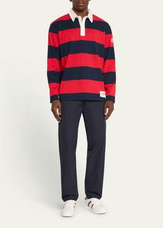 Find MONCLER Striped Rugby Polo Shirt on Editorialist. Moncler polo shirt in block stripes Point collar; concealed half placket Long sleeves Hip logo patch Oversized fit Pullover style Nylon/polyamide/cashmere Unlined Machine wash cold Imported Colour Block, Fits For Guys, Logo Pants, Old School Fashion, Mens Stripes, Straight Trousers, Twill Pants, Pleated Pants, Straight Leg Trousers