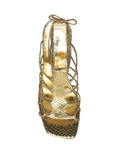 Gold sandal with heel. Round heel with rhinestones. Closure with ankle laces. Band with snake print on the front.Composition: Outside:, 100% Rubber Lining:, 100% Leather Sole:, 100% Rubber Luxury Lace-up Sandals For Spring, Gold Lace-up Sandals For Party, Gold Lace-up Sandals For Evening, Gold Lace-up Party Sandals, Luxury Lace-up Summer Sandals, Luxury Lace-up Sandals For Summer, Evening Gold Lace-up Sandals With Open Heel, Luxury Lace-up Sandals For Evening, Luxury Summer Lace-up Sandals