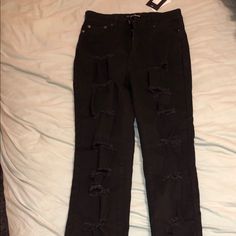 Blacked Ripped Skinny Jeans. Size 11 But Fit Like A 7 Trendy Black Ripped Pants, Black Ripped Edgy Pants, Edgy Black Ripped Pants, Black Ripped Pants For Night Out, High Rise Black Bottoms With Zipper Closure, High Rise Ripped Black Pants, High Waist Ripped Black Pants, Black High Rise Ripped Pants, High Rise Black Jeans With Zipper Closure