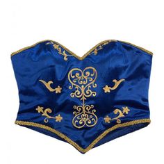 a blue and gold corset is shown on a white background