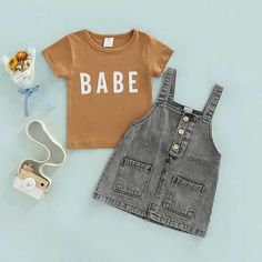 Girl's Clothing 5T Letter Printed Short Sleeve T-shirt+Sleeveless Suspender Spring Cotton Pinafore Dress For Playdate, Casual Fall Pinafore Dress, Casual Cotton Pinafore Dress For Fall, Dungaree Dress Outfit, Denim Dungaree Dress, Denim Dungaree, Dungaree Dress, Statement Tees