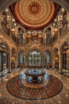 an elaborately decorated lobby with chandelier and marble flooring