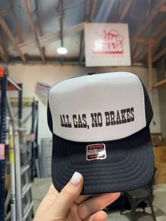 All Gas, No Brakes Trucker Hat Graphic Trucker Hat, Trucker Hat With Letter Print And 5-panel Shape, Trucker Hat With Letter Print, 5-panel, Novelty Trucker Hat With Letter Print And Flat Bill, Fun Black Trucker Hat For Outdoor, Fun Black Snapback Hat For Outdoor, Novelty Outdoor Trucker Hat, Novelty Outdoor Trucker Hat, One Size Fits Most, Novelty Trucker Hat For Outdoor, One Size Fits Most