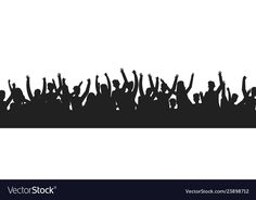 a crowd of people with their hands up in the air silhouetted against a white background