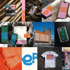 the collage shows different types of cell phones and t - shirts, including one with an ad on it