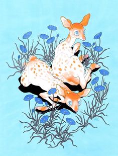 two deer laying on top of each other surrounded by blue flowers and leaves in the sky