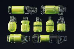 the bottles are all lined up in different sizes and shapes, including one for each type of device