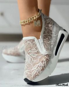 Olivia Mark - Contrast Sequin Lace Muffin Slip-On Sneakers Sneakers Patterns, Mule Sneakers, Bling Shoes, Chic Type, Lace Slip, Fabulous Shoes, Wedge Sneakers, Platform Sneakers, Casual Shoes Women