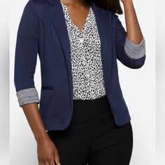 52% Polyester 48% Rayon Versatile Blazer Can Be Paired With Slacks Or A Skirt For The Office, Or Jeans And A Tee For Happy Hour With Friends. Sold Print, Unlined And Ruched Sleeve Brand New Casual Office Blazer With Stretch, Casual Stretch Blazer For Office, Chic Navy Blazer For Business Casual, Trendy Blue Business Casual Blazer, Fall Blue Blazer For Office Wear, Blue Blazer For Office Wear In Fall, Versatile Fitted Blazer For Layering, Navy Fitted Outerwear For Layering, Chic Stretch Outerwear For Office