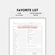 the favorite things list is shown in this printable template for kids to use on their own