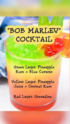 a colorful drink with gummy bears in it and the words bob marley's cocktail