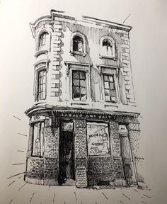 a drawing of an old building with windows