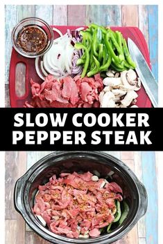 the slow cooker is filled with meat, vegetables and seasonings to make this meal