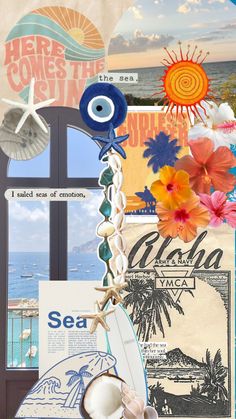 a collage with pictures and words about the ocean, including an anchor, seashells