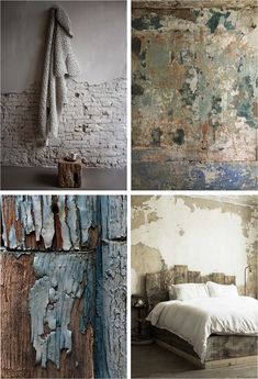 four different pictures with peeling paint on the walls